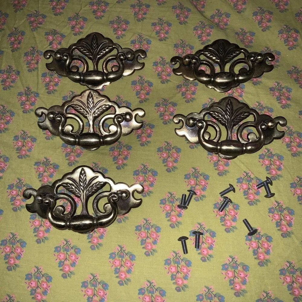 5 Brass‎ Drawer Pulls Furniture Hardware Drop Handle Vintage Ornate Solid Mcm